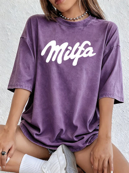 Milfa Purple Art Letter Printing Washed T-Shirts Womens Cotton Short Sleeve Tops Street O-Neck Oversize T Shirt Summer Clothes
