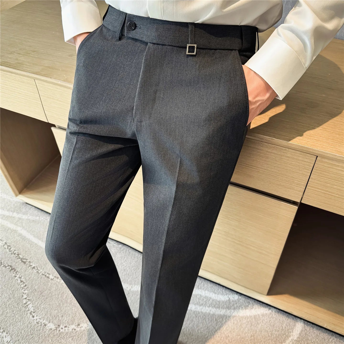 Spring Autumn High Quality Men's Elastic Waist Suit Pants Fashion Smart Casual Slim Fit Suit Trousers Men Solid Full Length Pant