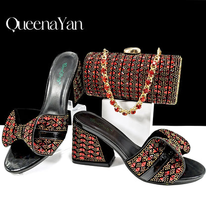 Italian Fashion Banquet Shoes and Bags African Women's Hand Bags with Rhinestone Decoration and Women's High Heels