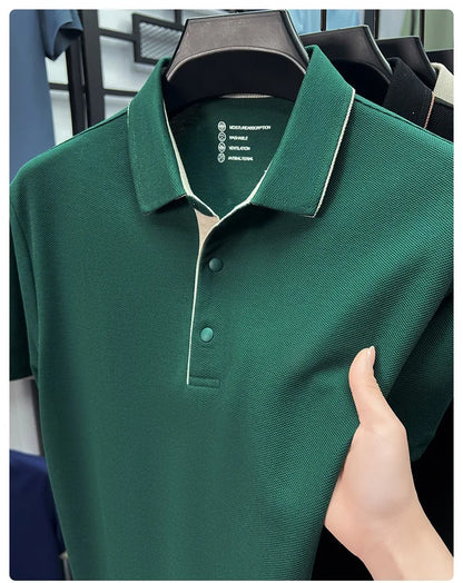 High quality 100% cotton solid color short sleeve polo shirt unique button men summer breathable comfort texture lapel T-shirt