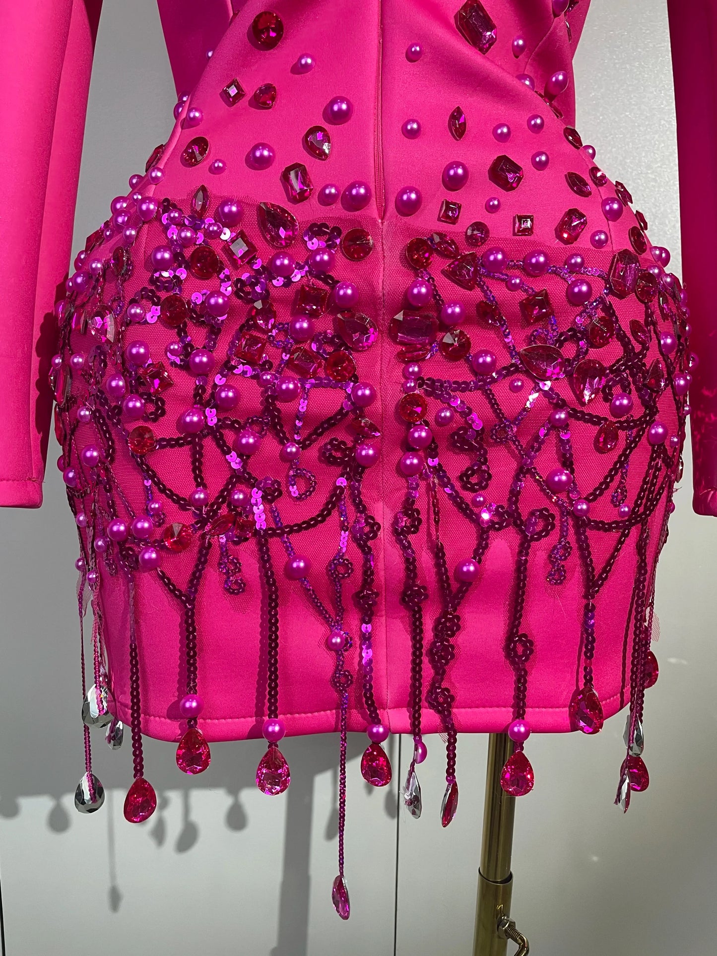 Crystal Chains Pearls Long Sleeve Mini Dress 2025 Women Birthday Evening Party Nightclub Outfit Singer Wedding Costume