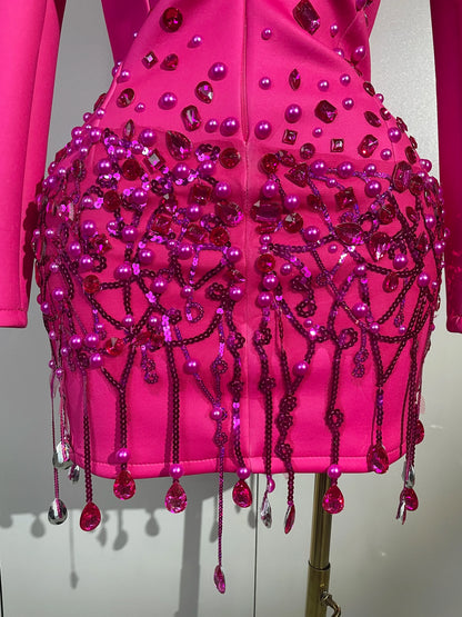 Crystal Chains Pearls Long Sleeve Mini Dress 2025 Women Birthday Evening Party Nightclub Outfit Singer Wedding Costume