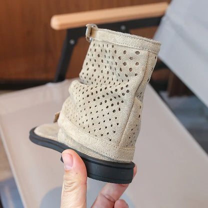 Ankle-strap Summer Slouchy Boots for Girls Suede Leather High-top Sandals Princess Cut-outs Flip Flop Dress Shoes Child J03203