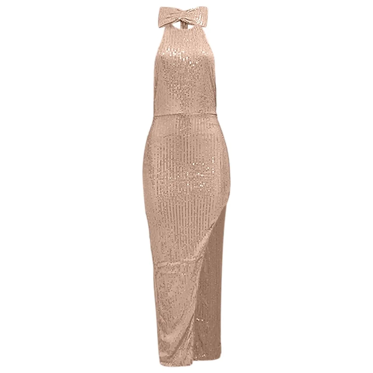 Women's Sequined Long Party Dresses Fashion Solid Color Hanging Neck Round Neck Bow Sleeveless Slit Long Dress Evening Dresses