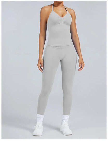 2Piece Sports Gym Set Women Longline Strappy Top Fitness Clothes Seamless Yoga Set Running Workout Sports Leggings Sets