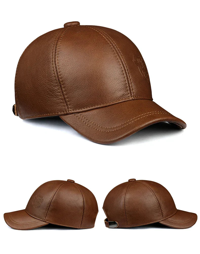 Warm Hat Man 2024 Winter Genuine Leather Baseball Caps Male Casual Cowhide Belt Ear Protect Sport Hockey Hunt Flight Casquette