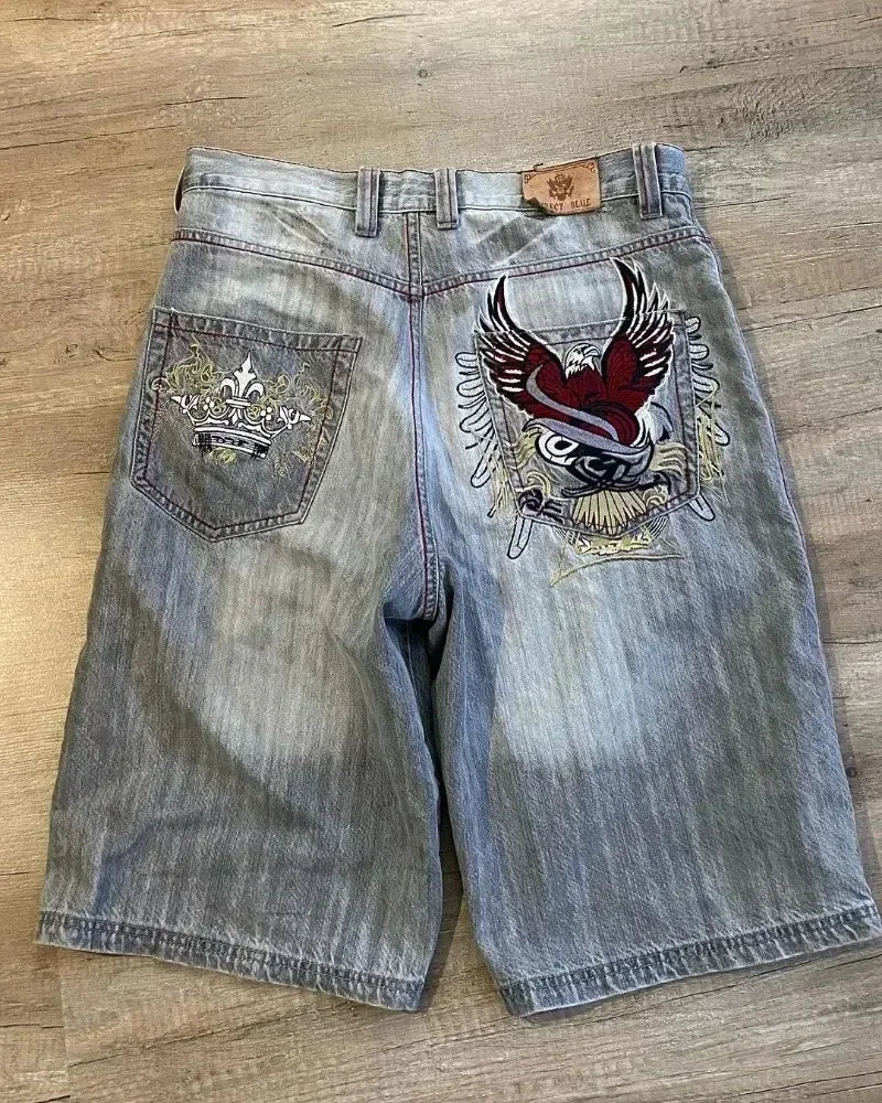 Shorts Letter Cartoon Patchwork Loose Jeans Wide Leg Pants Harajuku Rock Pants Men