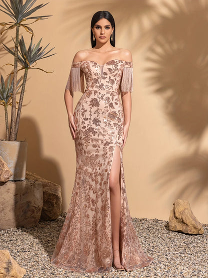 Off-the-shoulder sequined tassel sleeve slit dress