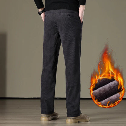 Winter Men Business Fleece Thick Casual Pants Straight Velvet Corduroy Warm Cold Resistant Bottoms Elastic Waist Trousers