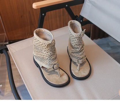 Ankle-strap Summer Slouchy Boots for Girls Suede Leather High-top Sandals Princess Cut-outs Flip Flop Dress Shoes Child J03203