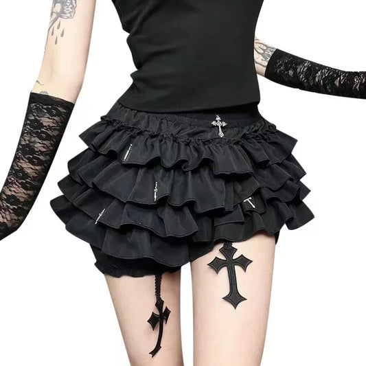 2026 Summer New Arrival Hot Girl Trendy Versatile Mini Skirt Dark Cross DesignTiered Cake Black Fluffy Skirts