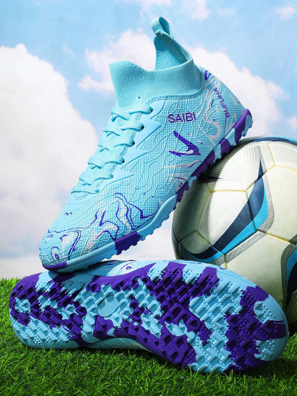 High-top football boots with long FG studs and TF studs,suitable for both men and women,featuring breathable and non-slip design
