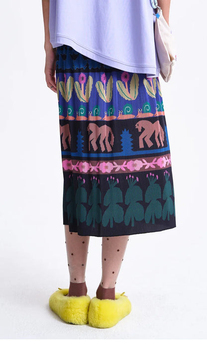A-line Skirt 2026 Spring New Elastic Waist Colorful Floral Print Pleated Commuter Retro Style Skirt For Women 3ELC20607