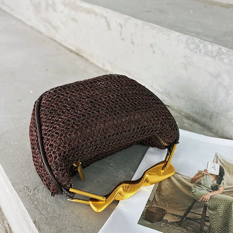 Metal Handle Straw Bags for Women Half Moon Rattan Woven Chain Shoulder Bag Bohemian Travel Beach Bag Designer Crossbody Handbag