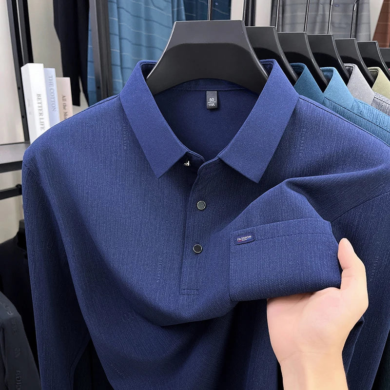 Hot Sales Original Design Men's Polo Lapel Long Sleeve T-Shirt Autumn New Soft Anti Pilling Pocket Business Leisure Menswear Top
