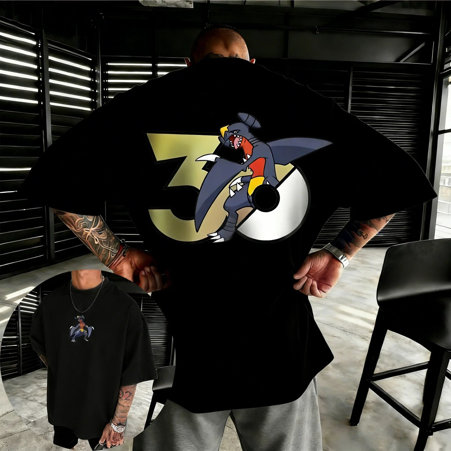 30th Anniversary Garchomp Printed T-shirt Summer Men's and Women's Loose Casual Hip Hop Trendy Short Sleeve Top