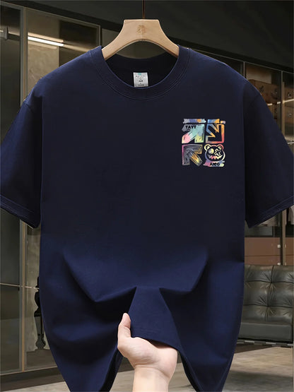 100% cotton men's casual loose T-shirt fashionable trendy brand pattern printed breathable round neck short sleeved top