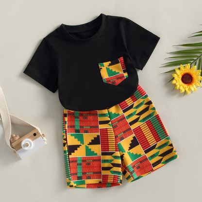 Kid Baby Boy Pants Suit, Casual Street Party Chest Pocket Shirt + Short Trousers Outfit, Black 2pcs Set 2-7T