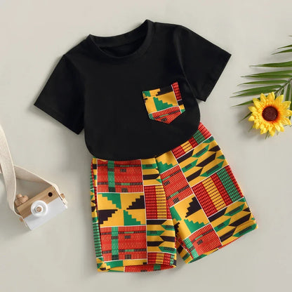 Kid Baby Boy Pants Suit, Casual Street Party Chest Pocket Shirt + Short Trousers Outfit, Black 2pcs Set 2-7T