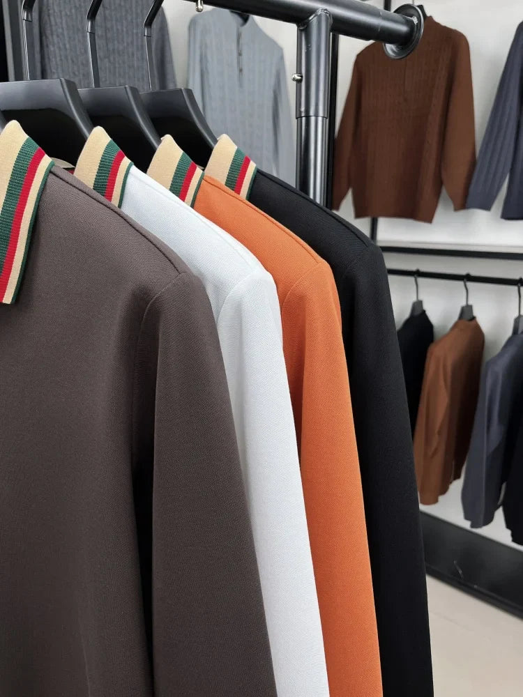 Luxury advanced  brand men long sleeve polo shirt unique stripe color blocked lapel fashion letter embroidery casual new T-shirt
