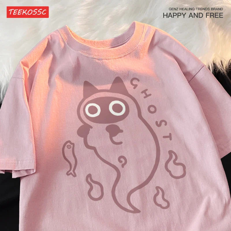 Ghost Cat Loose Short Sleeved T-shirt For Men Women Original Japanese Fashion Brand Couple Pure Cotton Cat Transparent Ghost Cat