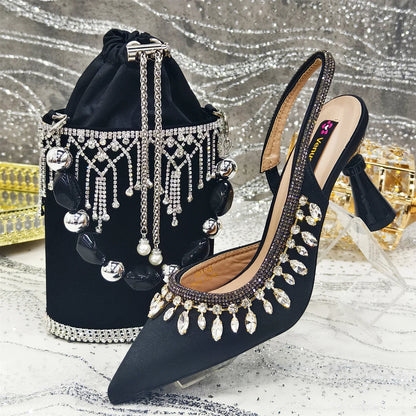 Pointed-Toe High Women Heels Shoes and Bags for Women Rhinestone Evening Party Elegant Luxury Handbag