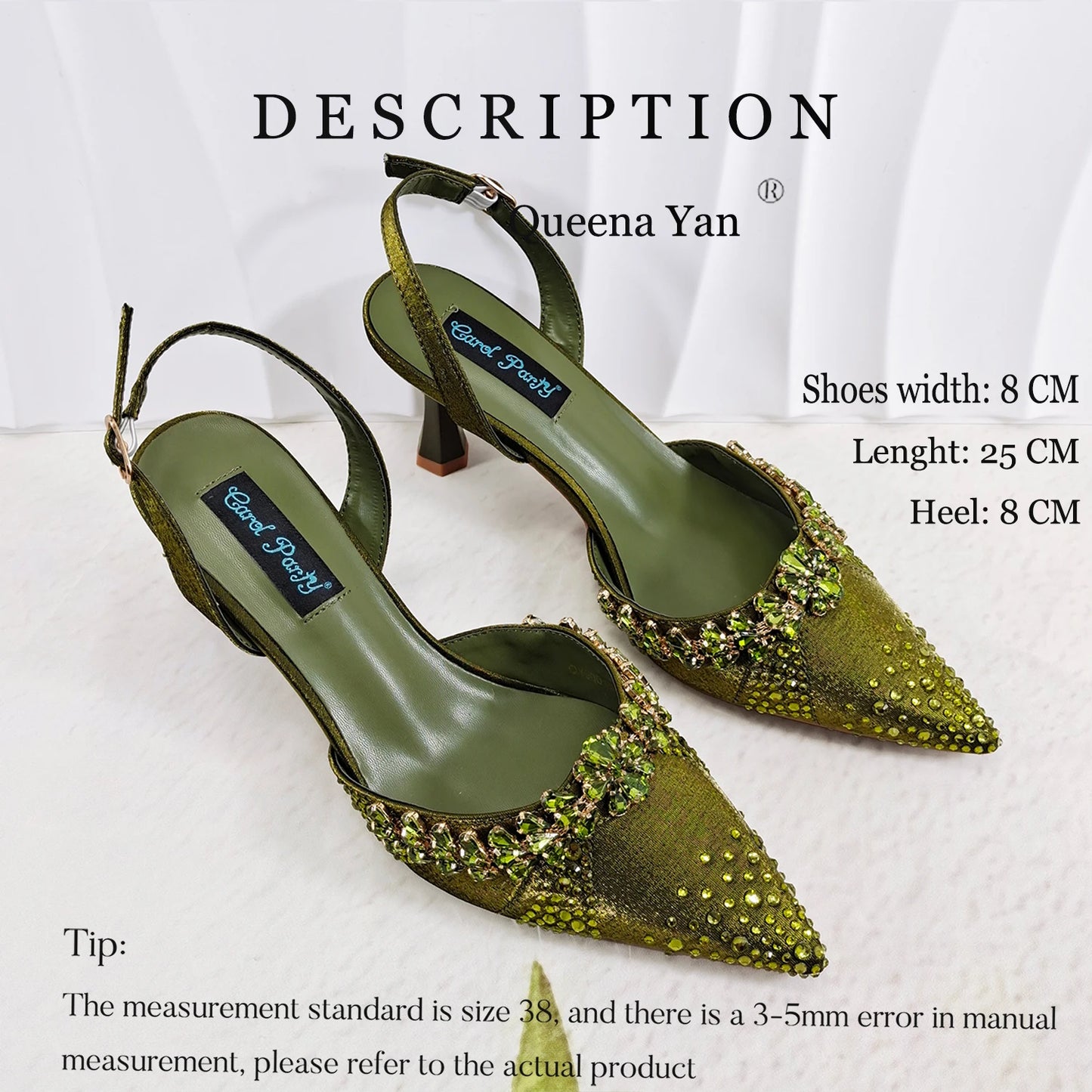 2026 Italian Inspired Olive Rhinestone HAND CRAFTED UPPER Pointed Toe Women High Heels Shoes and Bag Set Elegant Party Shoes