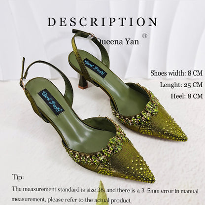2026 Italian Inspired Olive Rhinestone HAND CRAFTED UPPER Pointed Toe Women High Heels Shoes and Bag Set Elegant Party Shoes