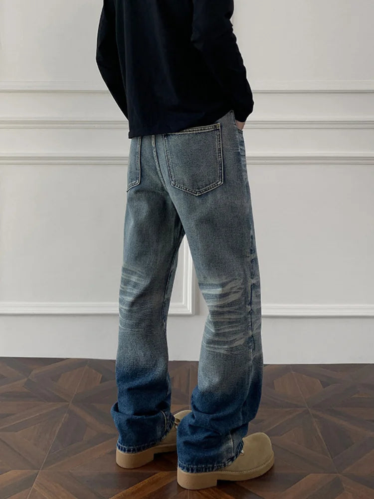 Cleanfit cat whisker gradient jeans for men, autumn niche design pants, American retro straight leg micro flared pants