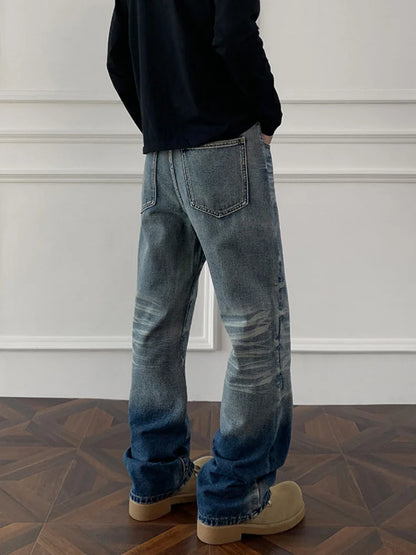 Cleanfit cat whisker gradient jeans for men, autumn niche design pants, American retro straight leg micro flared pants