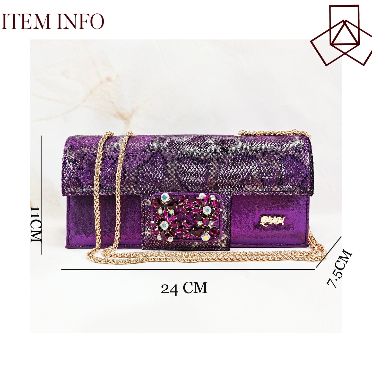 Elegant Mature Purple Color Style Rhinestone and Print Design Pointed Toe High Heels and Bag Set for Party Wedding