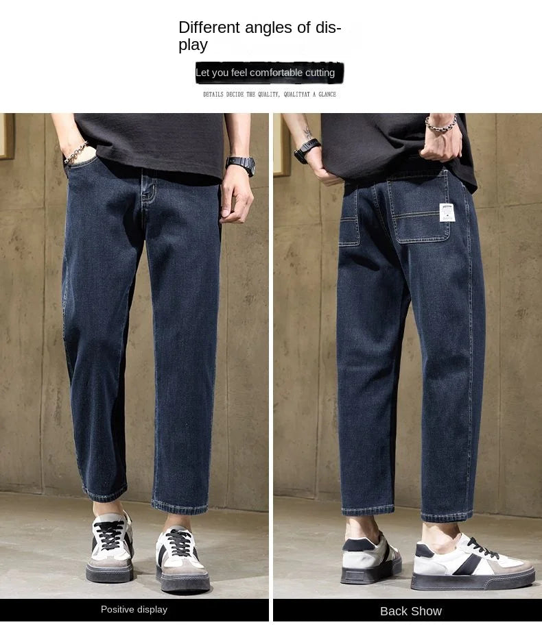 Men's Baggy Straight Leg Jeans Casual Stretch Denim 9-Length Comfortable Loose Trousers Spring Autumn Versatile Wide-Leg Pants