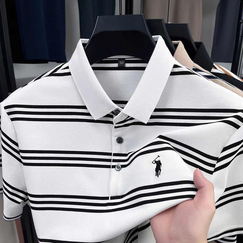 Men's Short Sleeve Embroidered Striped Polo Shirt Summer High End Brand Fashion Business Breathable Lapel T-shirt Men's Clothing