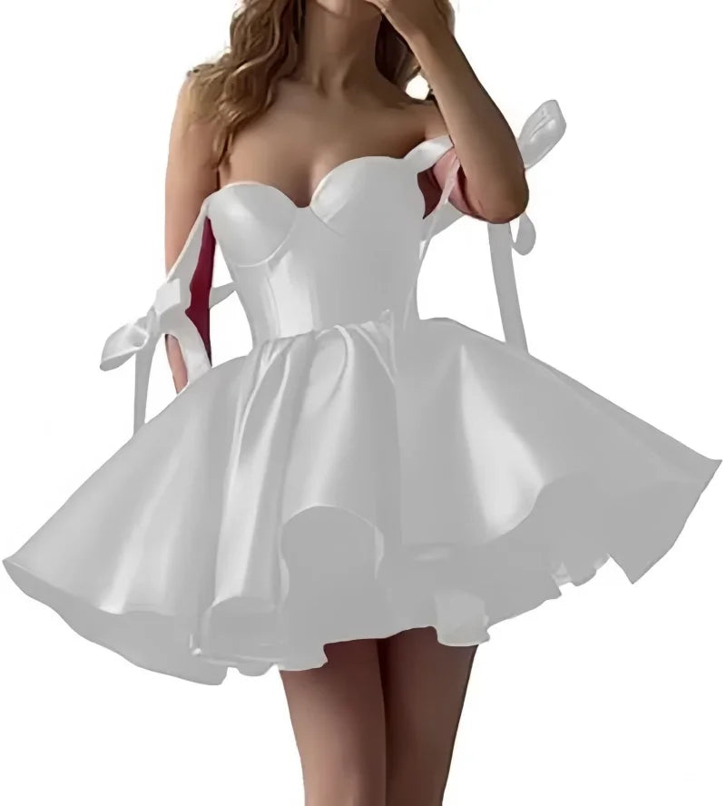Mini Satin Sweetheart Homecoming Dresses for Teens Bow Spaghetti Straps Short Ball Gown Puffy Cocktail Prom Dress with Pockets