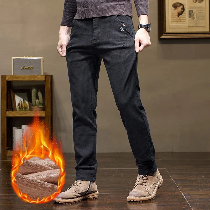 Winter Thicken Men's Solid Slim Straight Casual Pants Business Classic Fleece Trousers Male Warm Plaid Elasticity Pants