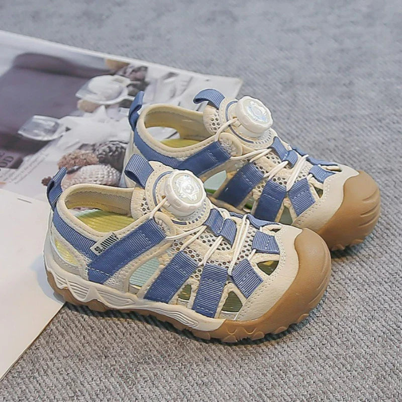 Kids' Rotating Button Closed-Toe Sandals, Breathable Mesh Shoes, Non-Slip Boy Girls Barefoot Shoes Summer Casual Sports Sandals