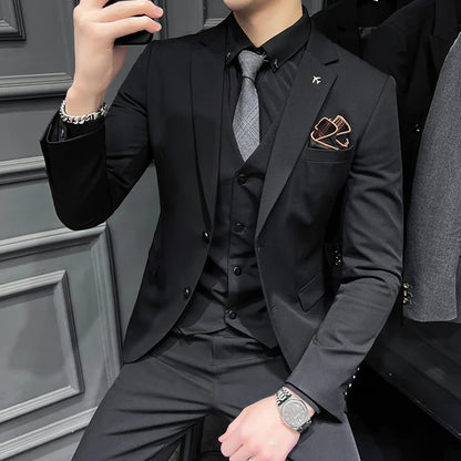 ( Blazer + Vest + Pants ) Boutique Fashion Solid Color Men's Slim Casual Business Suit Three-piece Set Groom Wedding Dress Party