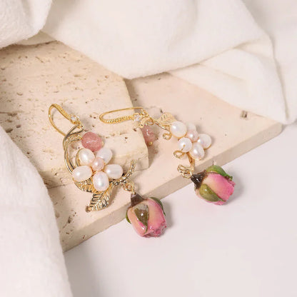 Natural Freshwater Pearl Enamel Resin Flower Earrings Korean Style Women's Luxury Vintage Jewelry Fashion Ladies and Girls Gift