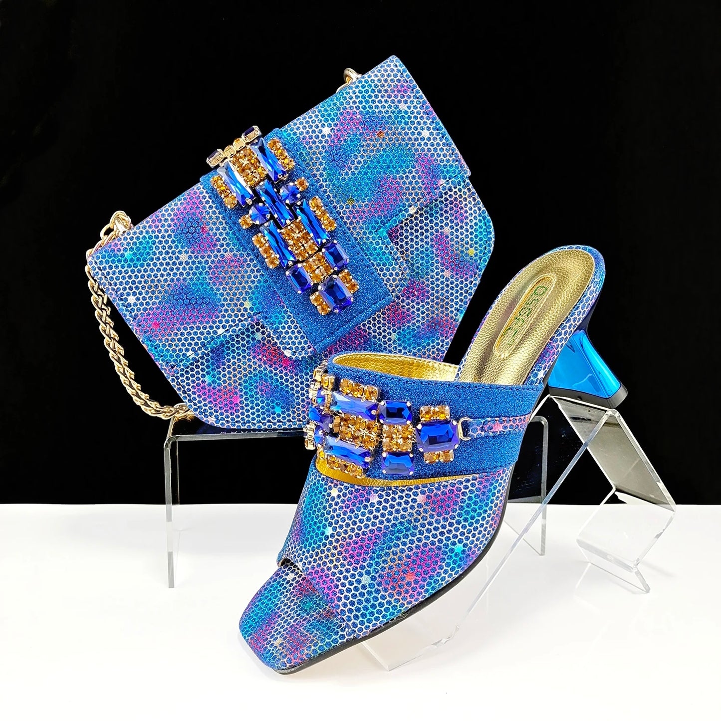 Mature Style Colorful Rhinestone Metal Design Strange High Heel Style Peep Toe Shoes and Bag Set for Party Wedding