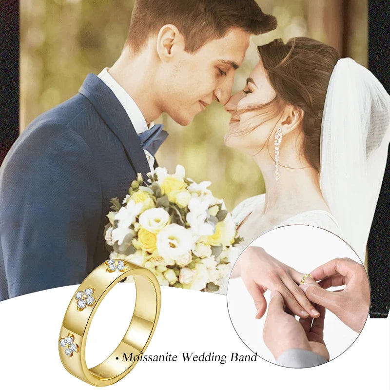 925 Sterling Silver Lucky Clover Moissanite Ring, Gold Plated D Color Round Cut Wide Band Ring for Women Wedding Gift