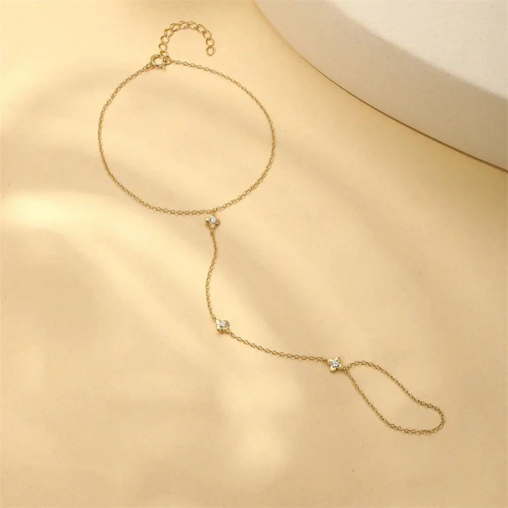 Dainty 5A Zircon Finger Ring Chain Bracelets Flower High Carbon Bracelet for Women Girl Adjustable s925 Silver Jewelry Gift