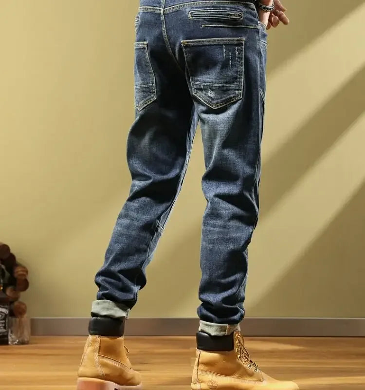 Man Cowboy Pants with Pockets Men's Jeans Motorcycle Tapered Trousers Straight Retro Trend 2025 Classic Stylish Goth Denim Buggy
