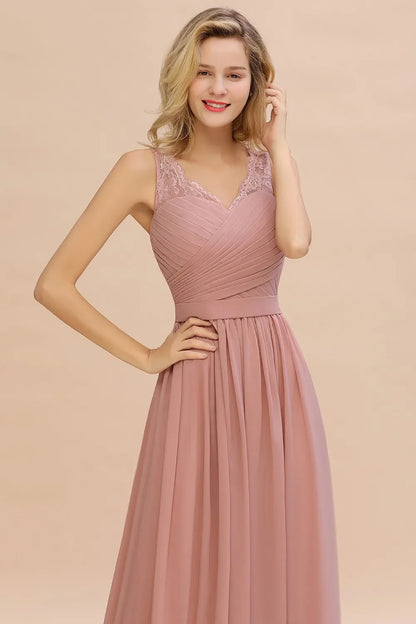 Elegant Bridesmaid Dress Pleated Bodice See-through Lace Cap Sleeves Maxi Flowy A-Line Skirt Wedding Party Gown Women