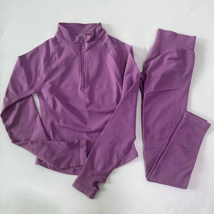Women 2pcs Yoga Sets Long Sleeve Jacket Sport Top With Half Zip High Waisted Leggings Fitness Suits Seamless Running Workout Set