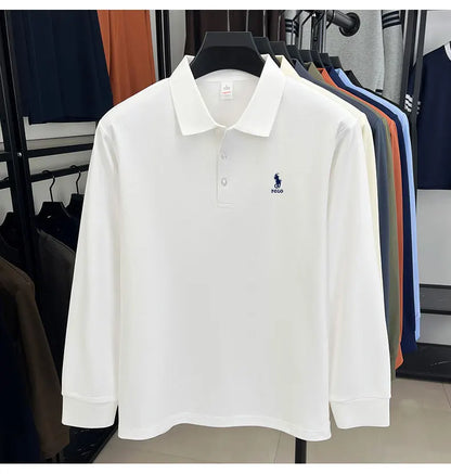 2025 autumn men's long sleeved T-shirt with a solid color polo shirt and a loose casual plus size base shirt