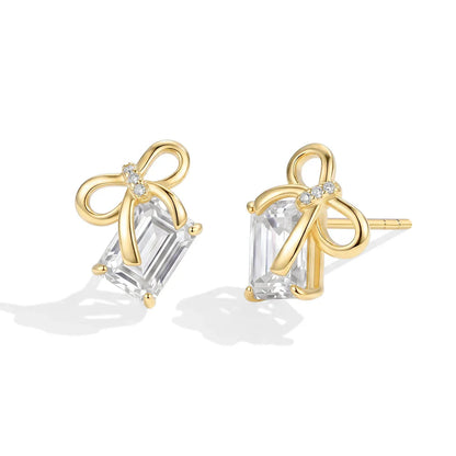 New Bow Earrings Emerald Cut Moissanite Stud Earrings S925 Silver Elegant Dainty Anniversary Wedding Jewelry for Women