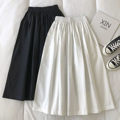 NEW Women's White Long Skirt High Waist A-Line Knee-Length Fashion Pockets Pleated Casual Elegant Skirts for Autumn