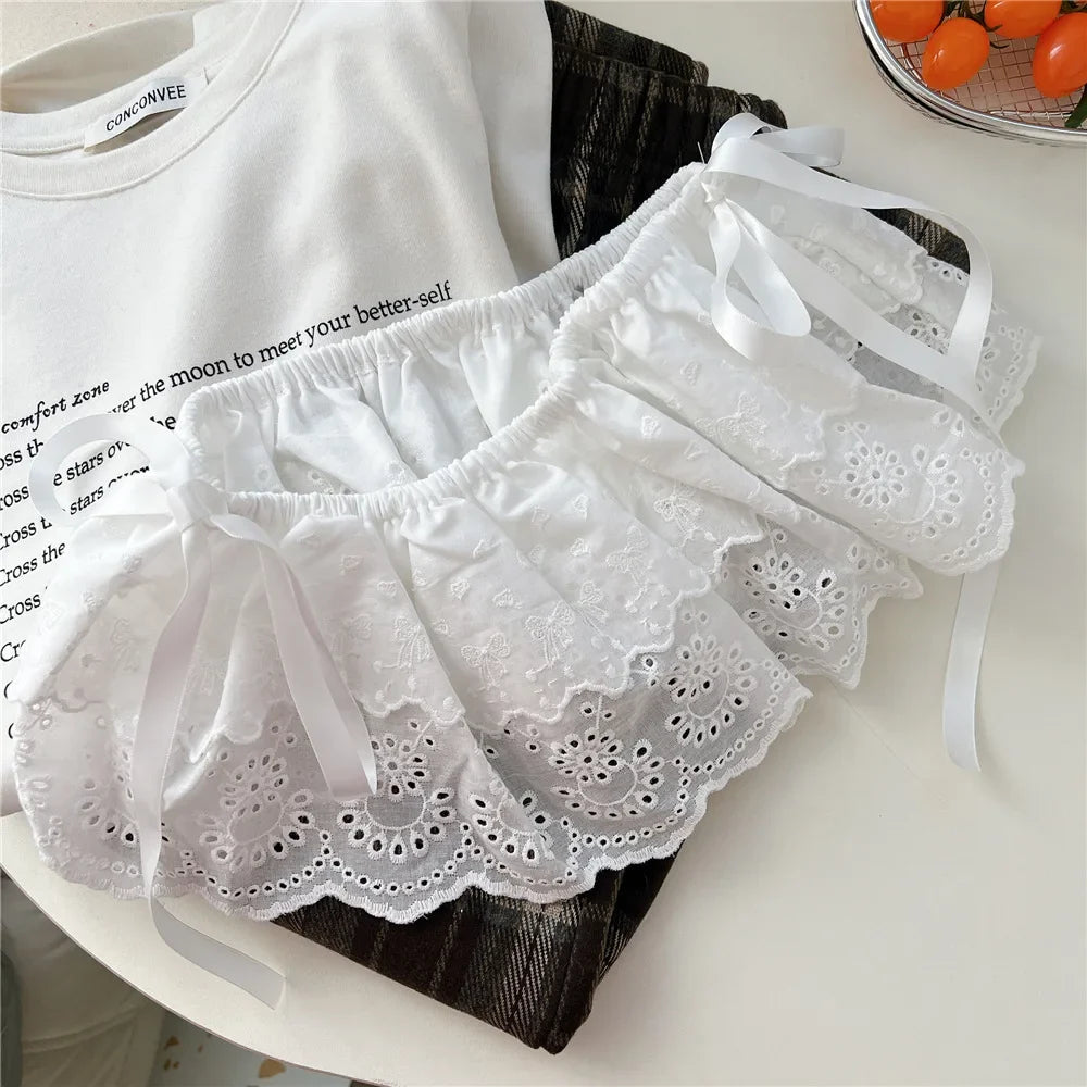 Korean Sweet Embroidered Ruffled Lace Trim Fart Curtain A Line Skirt Women High Waist Layering Cake Skirts Y2K Girls Streetwear