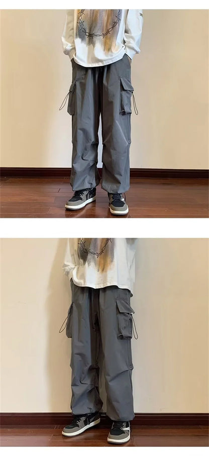 Streetwear 2025 New Spring Harem Multicolored Casual Pants Men Elastic Waist Solid Color Cargo Pants Multi Pocket Baggy Pants