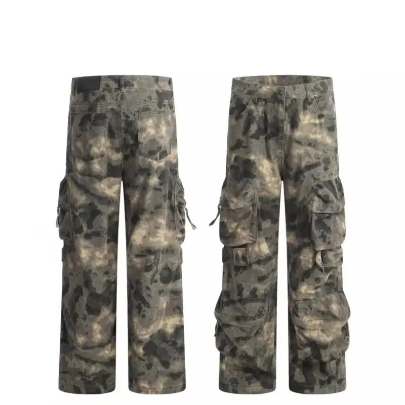 American retro camouflage work pants men's trendy brand high street straight tube loose casual multi pocket wide leg paratrooper